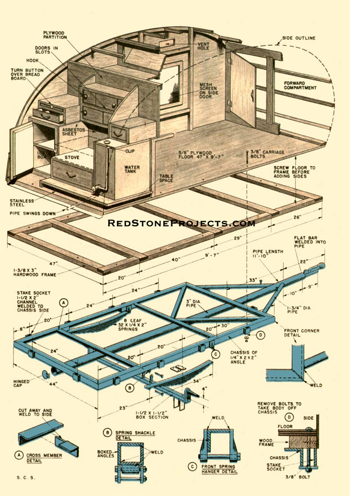 Illustrated parts breakdown and assembly plans for a vintage teardrop trailer for two.